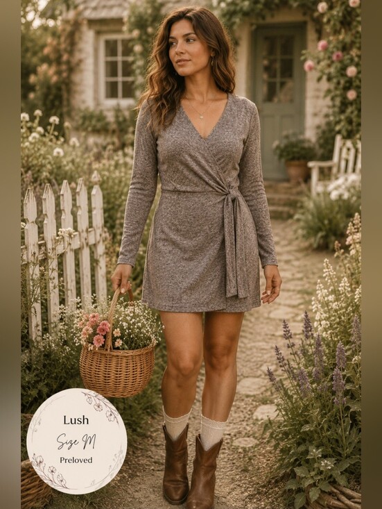 Lush Dresses & Skirts - Lush Heathered Taupe Knit Wrap Dress Long Sleeve Tie Waist Mini